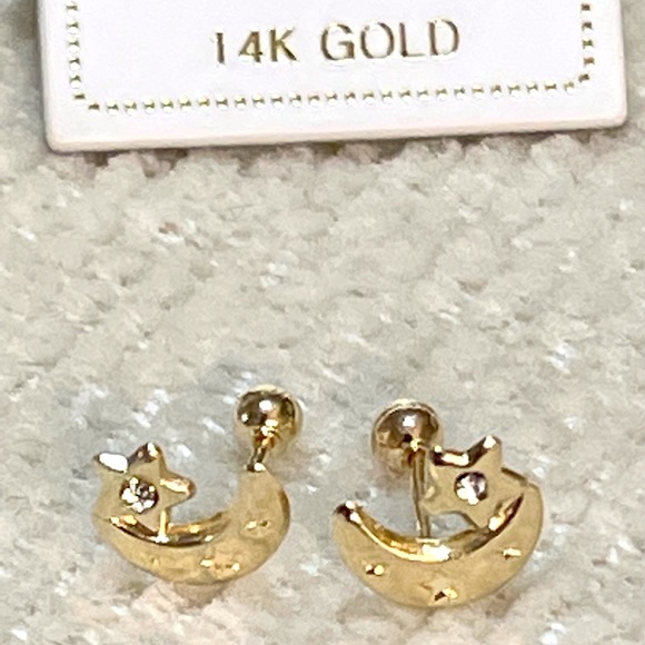 Solid Yellow Gold 14 Karat Half Moon Cz Earring - Picture 2 of 7